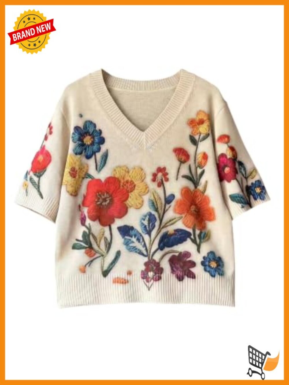 Boho Floral Half Sleeve V-Neck Pullover Sweater Loose Fit Lightweight
